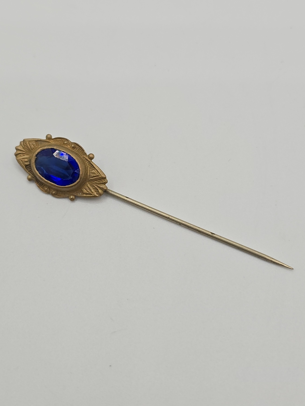 Antique Victorian Edwardian Stickpin Cobalt Blue Glass Brass 2-5/8"
